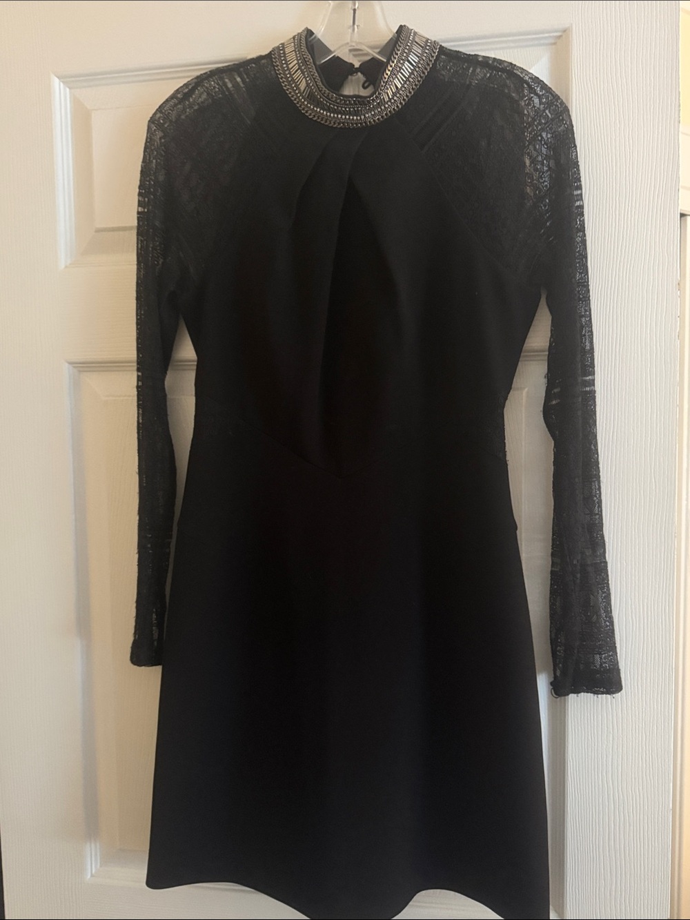 Karen Millen Black Long-Sleeve Lace Dress with Embellished Collar